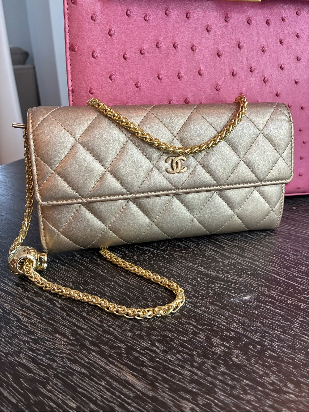 CHANEL Quilted Metallic Gold Crossbody Wallet